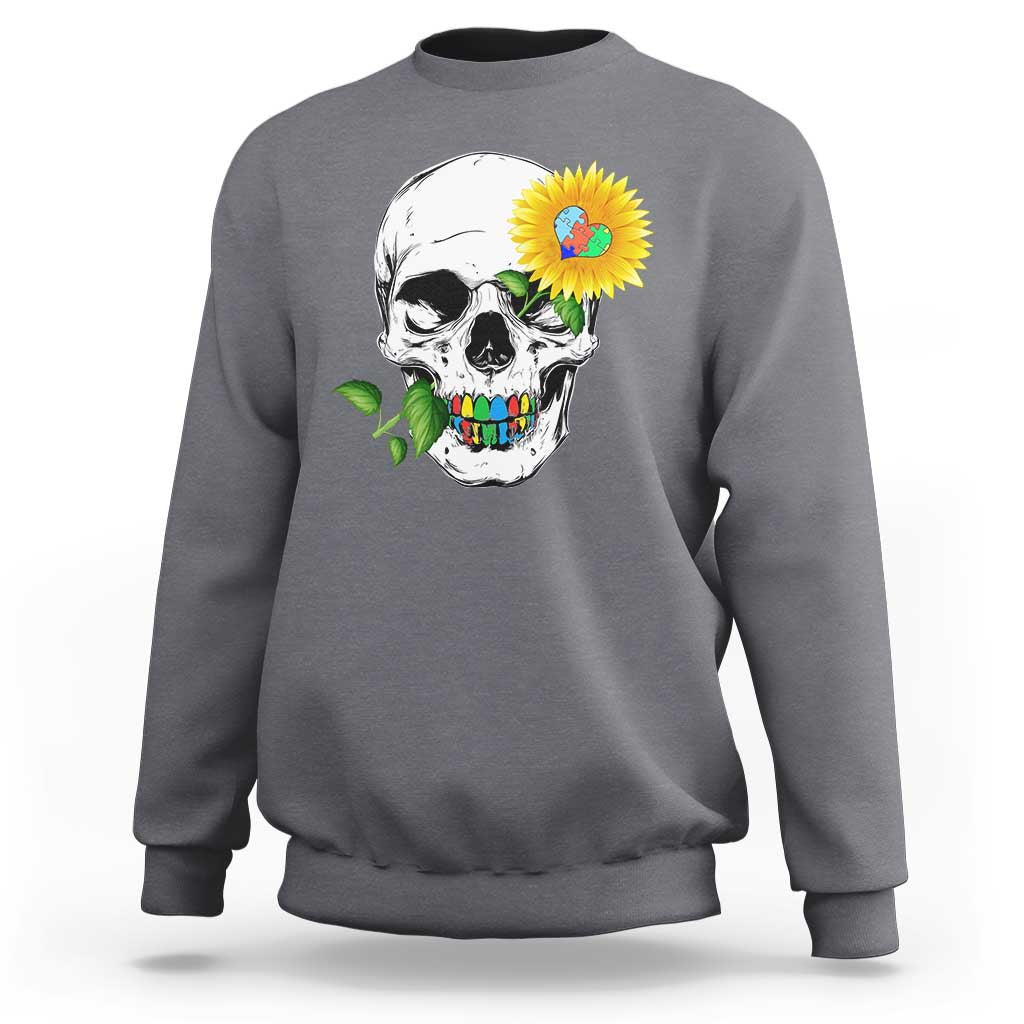 Autism Skull Sunflower Sweatshirt Support Autistic Puzzle Pieces Heart