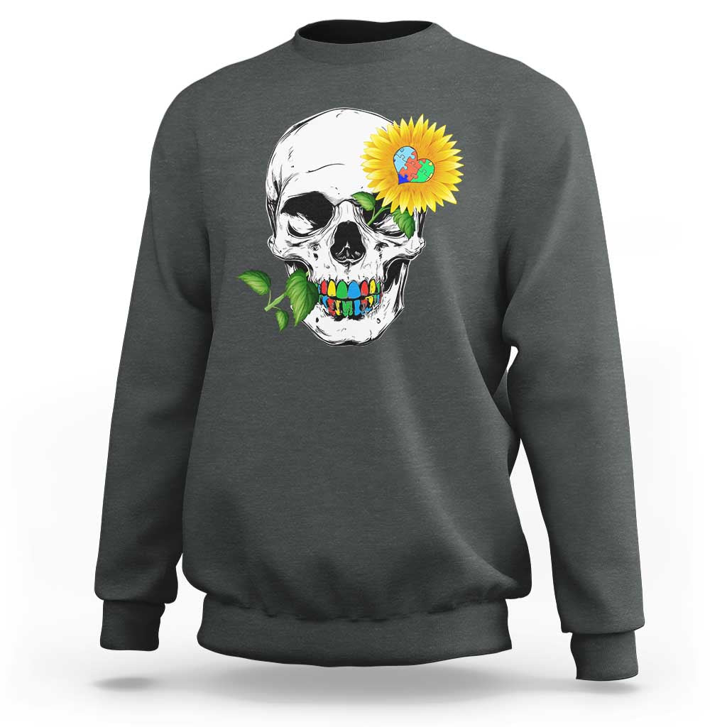 Autism Skull Sunflower Sweatshirt Support Autistic Puzzle Pieces Heart