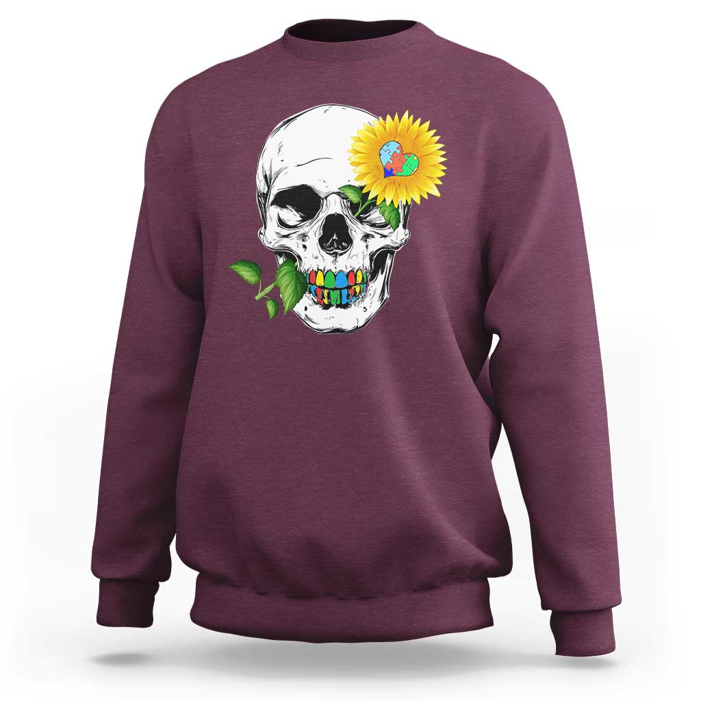 Autism Skull Sunflower Sweatshirt Support Autistic Puzzle Pieces Heart