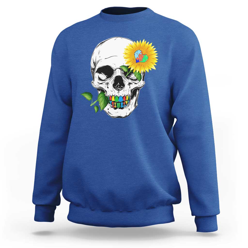 Autism Skull Sunflower Sweatshirt Support Autistic Puzzle Pieces Heart