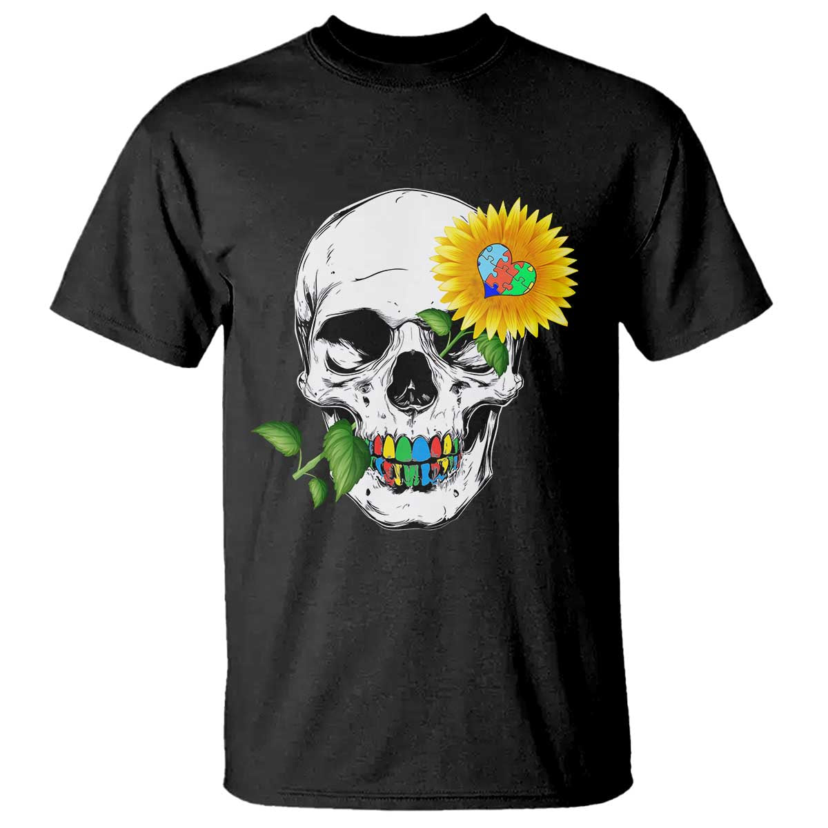 Autism Skull Sunflower T Shirt Support Autistic Puzzle Pieces Heart