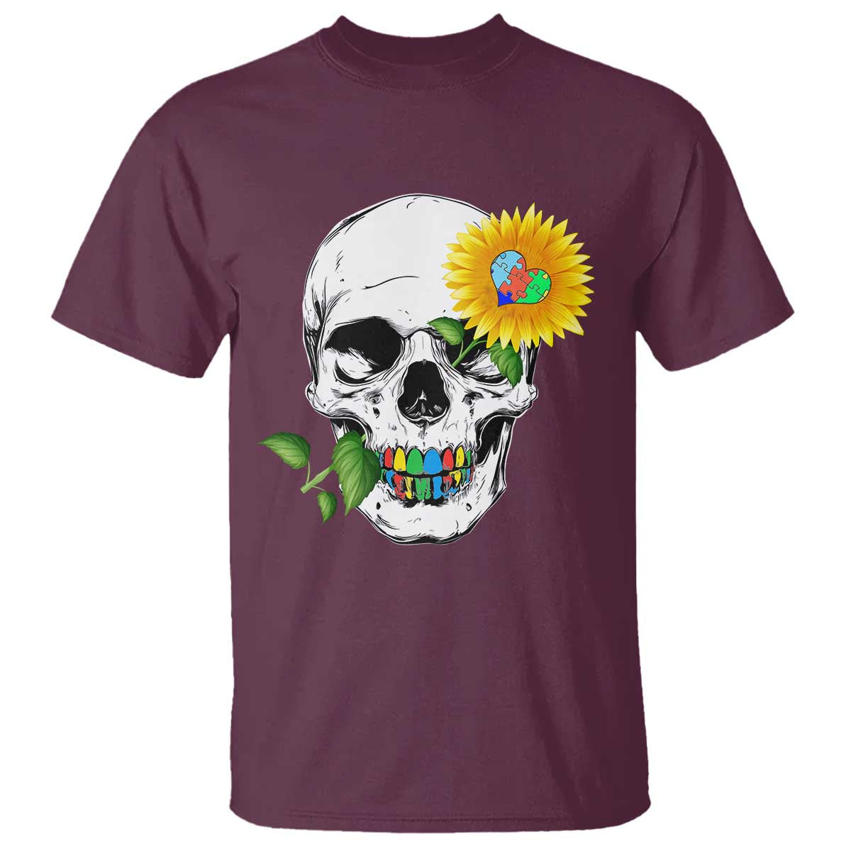 Autism Skull Sunflower T Shirt Support Autistic Puzzle Pieces Heart