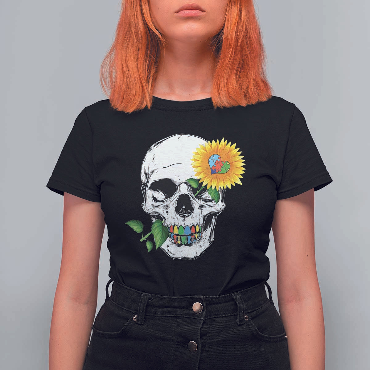 Autism Skull Sunflower T Shirt For Women Support Autistic Puzzle Pieces Heart