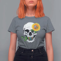 Autism Skull Sunflower T Shirt For Women Support Autistic Puzzle Pieces Heart