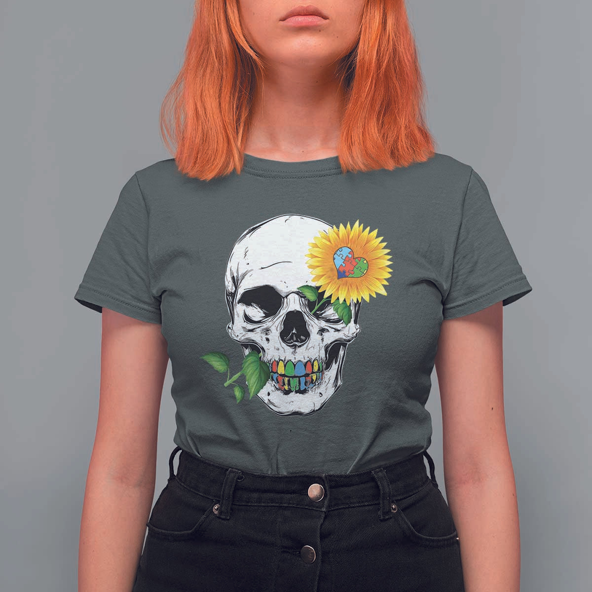 Autism Skull Sunflower T Shirt For Women Support Autistic Puzzle Pieces Heart