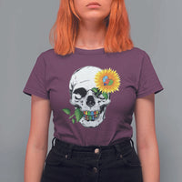 Autism Skull Sunflower T Shirt For Women Support Autistic Puzzle Pieces Heart