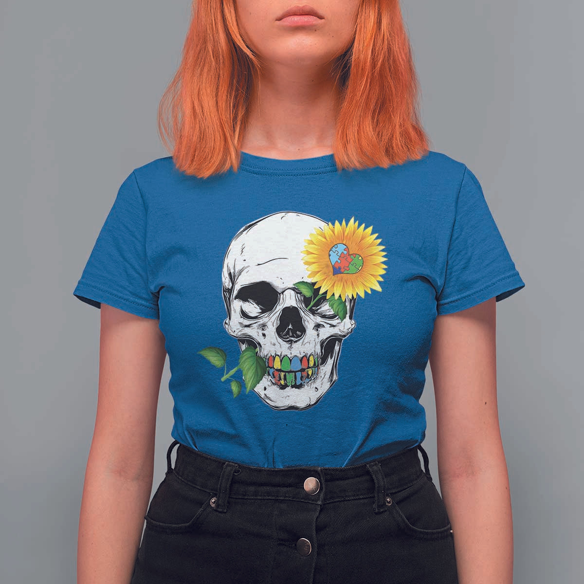 Autism Skull Sunflower T Shirt For Women Support Autistic Puzzle Pieces Heart