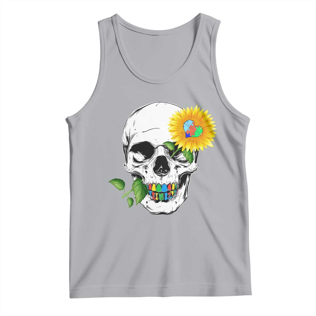 Autism Skull Sunflower Tank Top Support Autistic Puzzle Pieces Heart