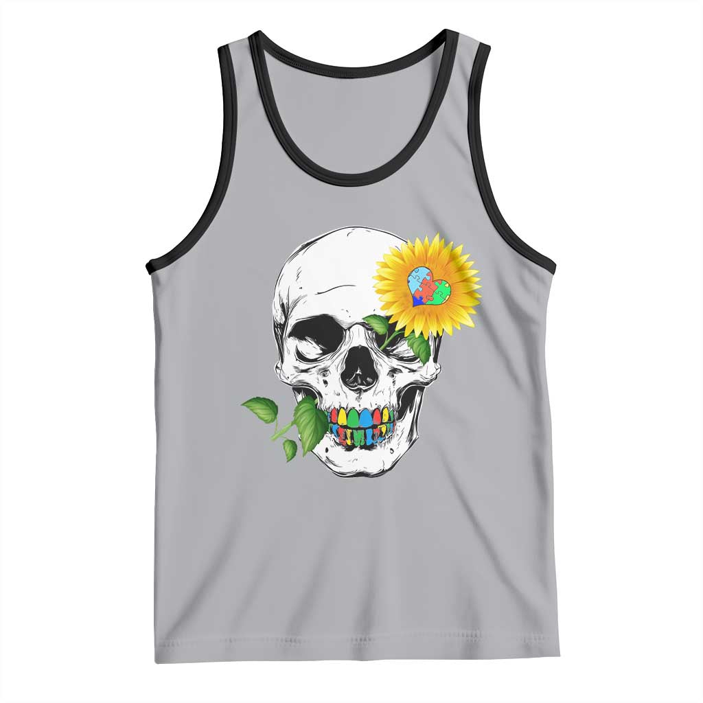 Autism Skull Sunflower Tank Top Support Autistic Puzzle Pieces Heart