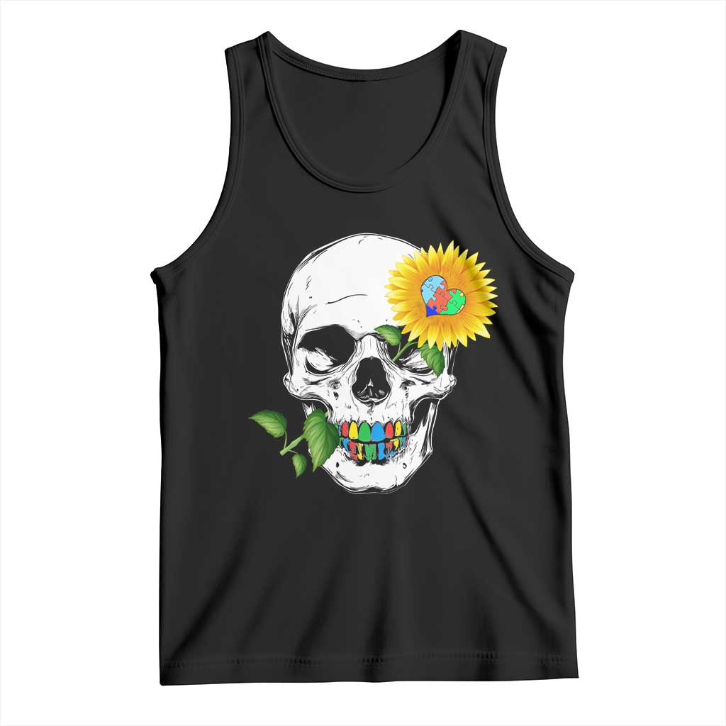 Autism Skull Sunflower Tank Top Support Autistic Puzzle Pieces Heart