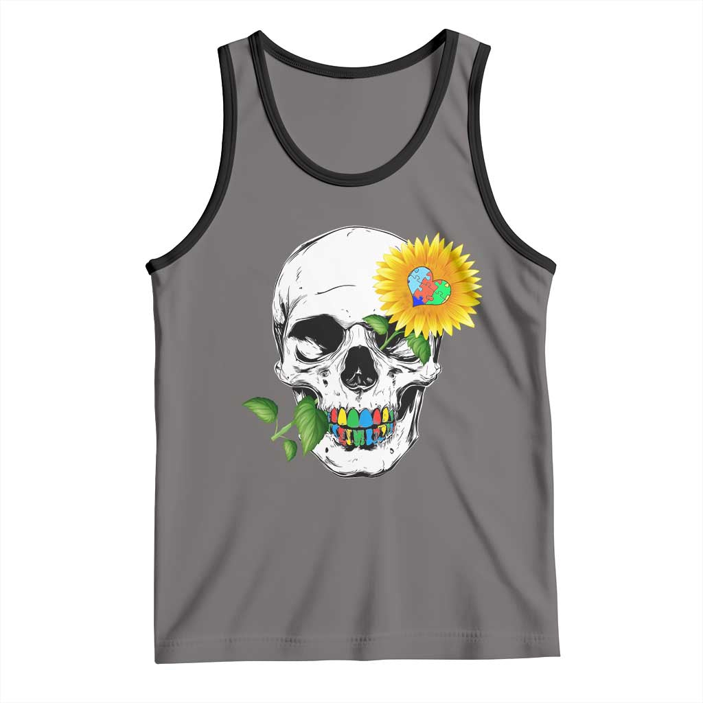 Autism Skull Sunflower Tank Top Support Autistic Puzzle Pieces Heart
