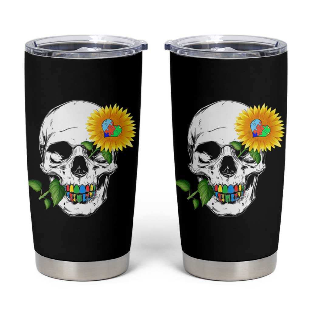 Autism Skull Sunflower Tumbler Cup Support Autistic Puzzle Pieces Heart