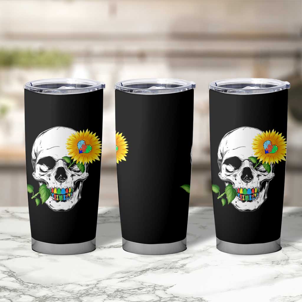 Autism Skull Sunflower Tumbler Cup Support Autistic Puzzle Pieces Heart