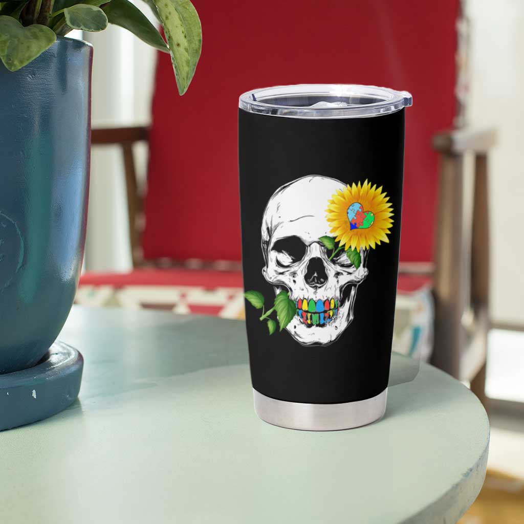 Autism Skull Sunflower Tumbler Cup Support Autistic Puzzle Pieces Heart