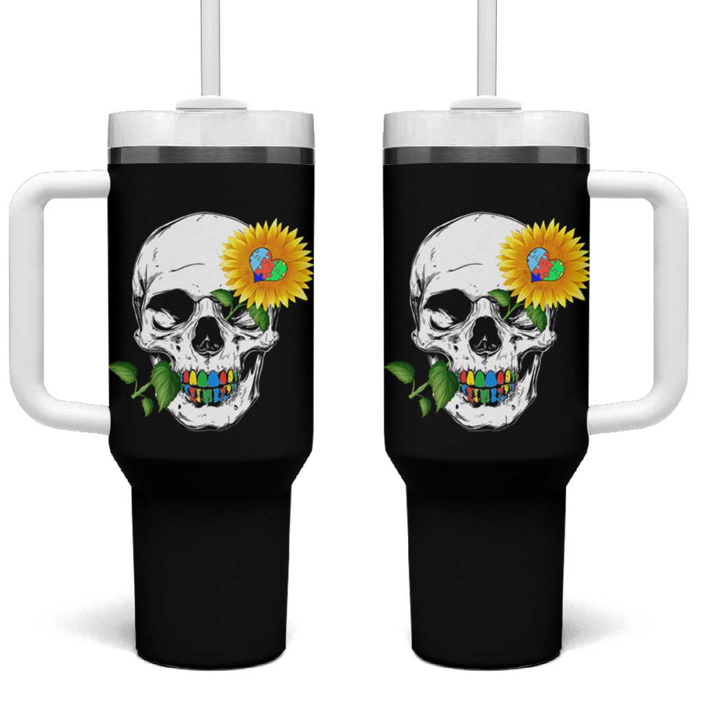 Autism Skull Sunflower Tumbler With Handle Support Autistic Puzzle Pieces Heart