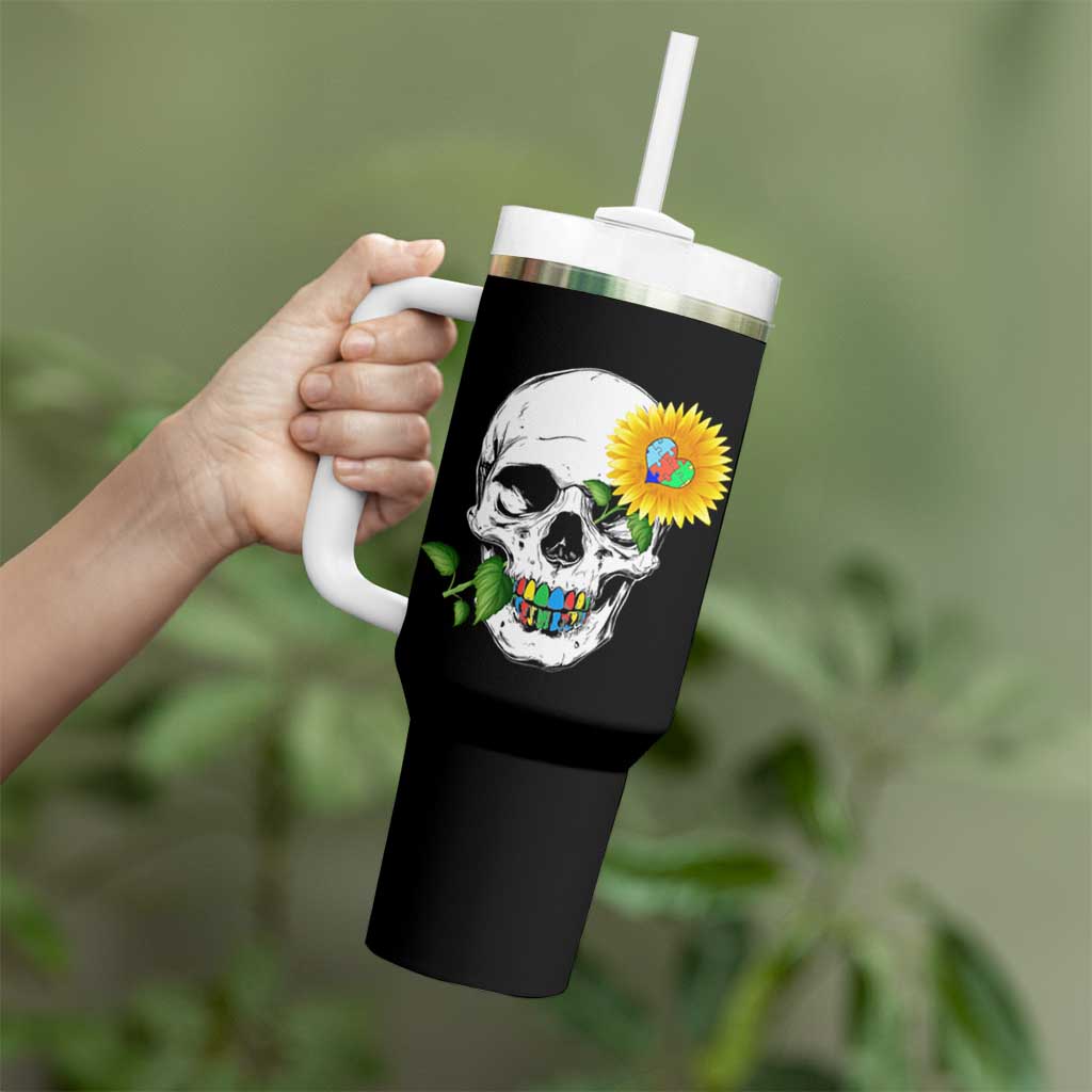 Autism Skull Sunflower Tumbler With Handle Support Autistic Puzzle Pieces Heart