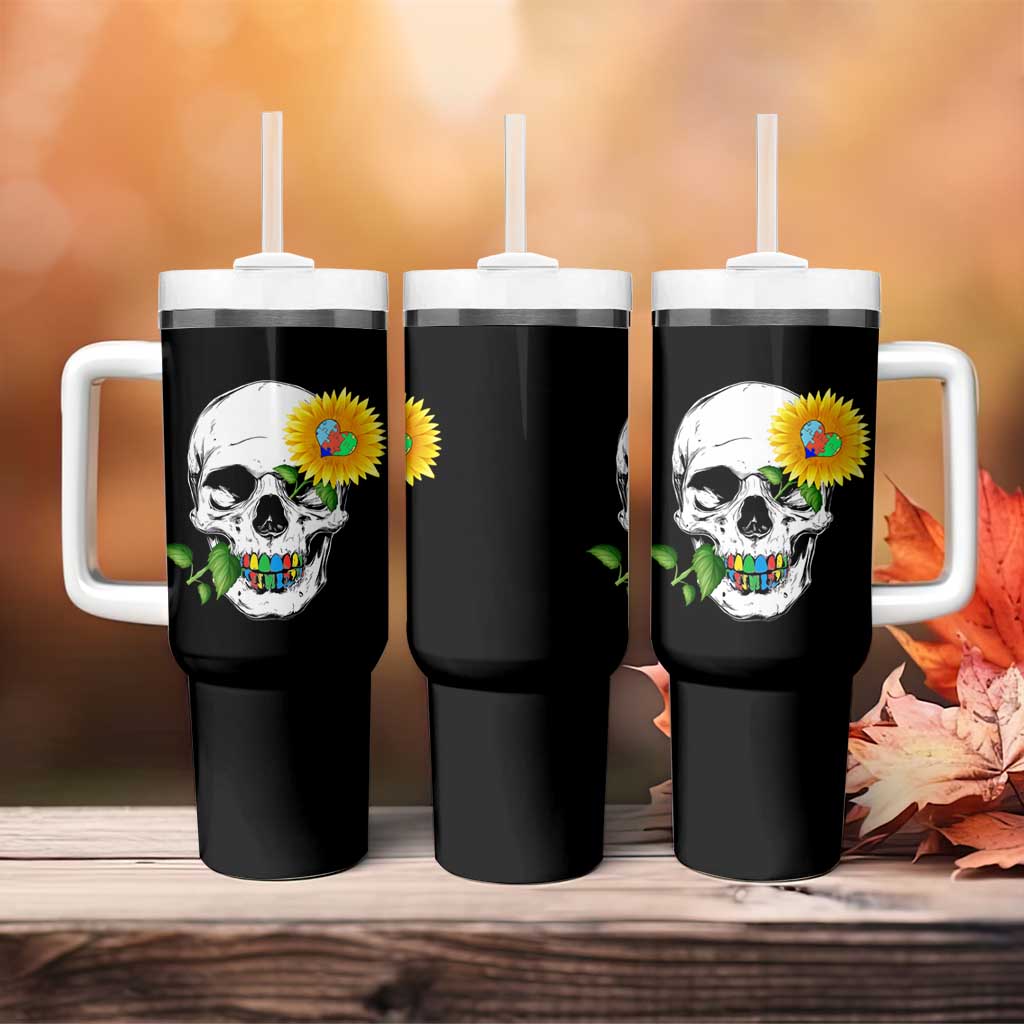 Autism Skull Sunflower Tumbler With Handle Support Autistic Puzzle Pieces Heart