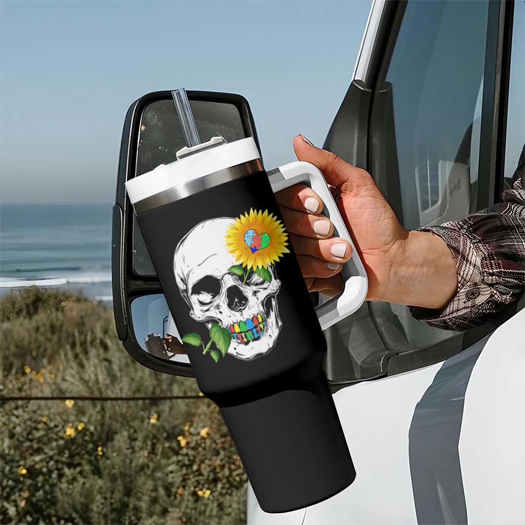 Autism Skull Sunflower Tumbler With Handle Support Autistic Puzzle Pieces Heart