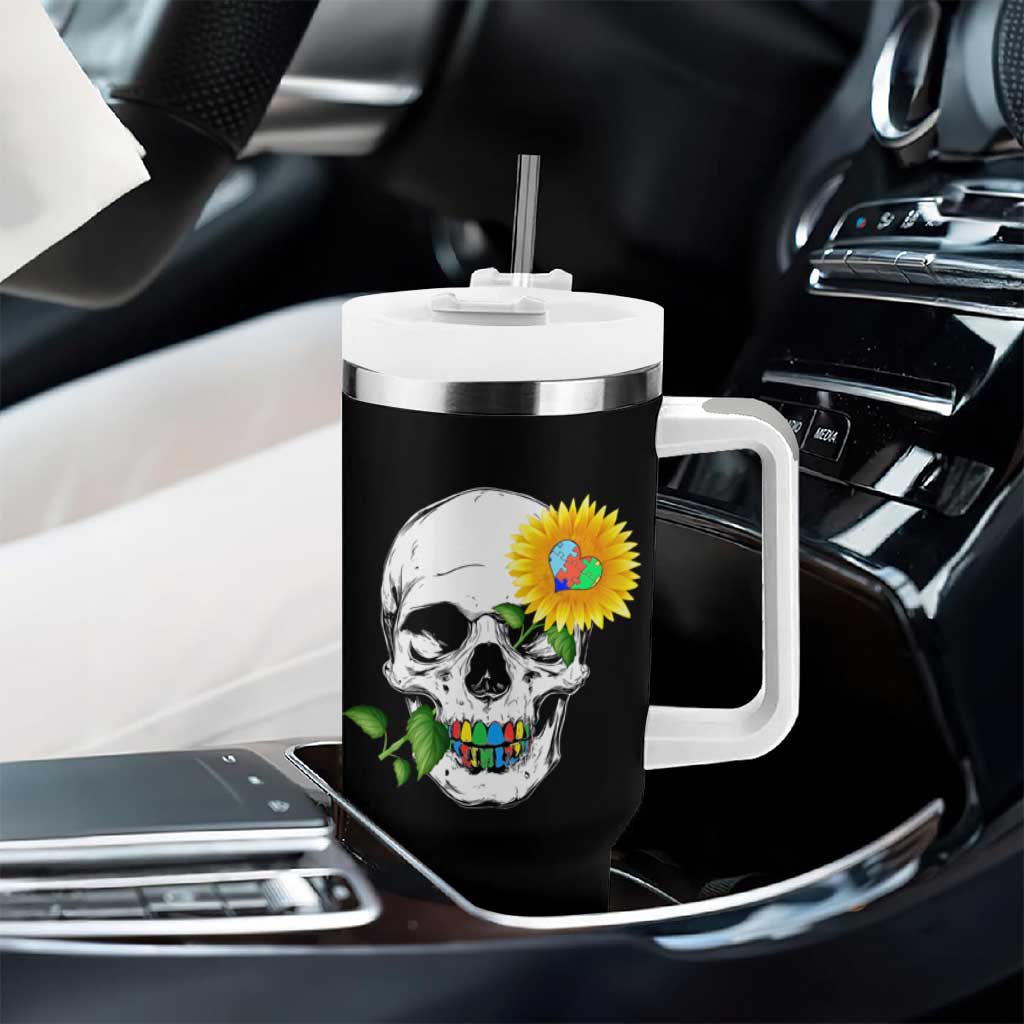 Autism Skull Sunflower Tumbler With Handle Support Autistic Puzzle Pieces Heart
