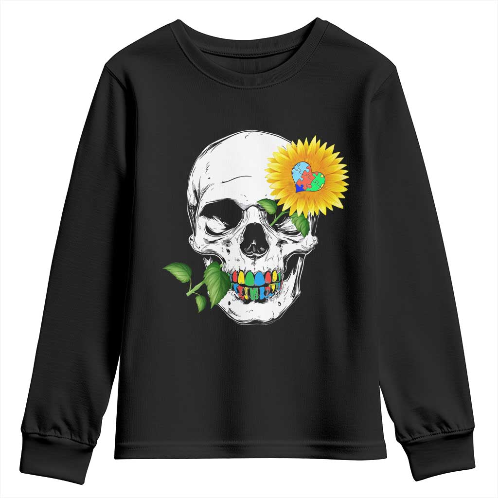 Autism Skull Sunflower Youth Sweatshirt Support Autistic Puzzle Pieces Heart