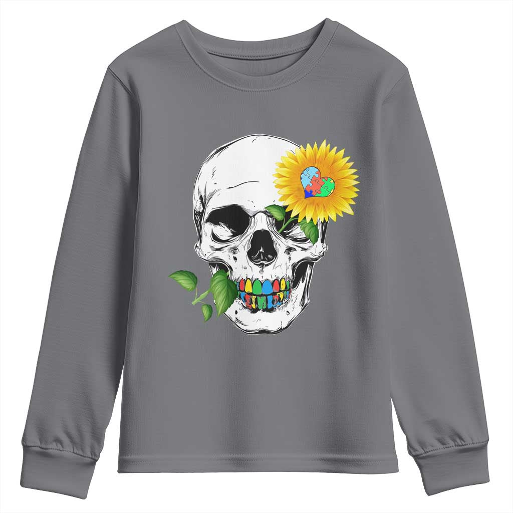 Autism Skull Sunflower Youth Sweatshirt Support Autistic Puzzle Pieces Heart