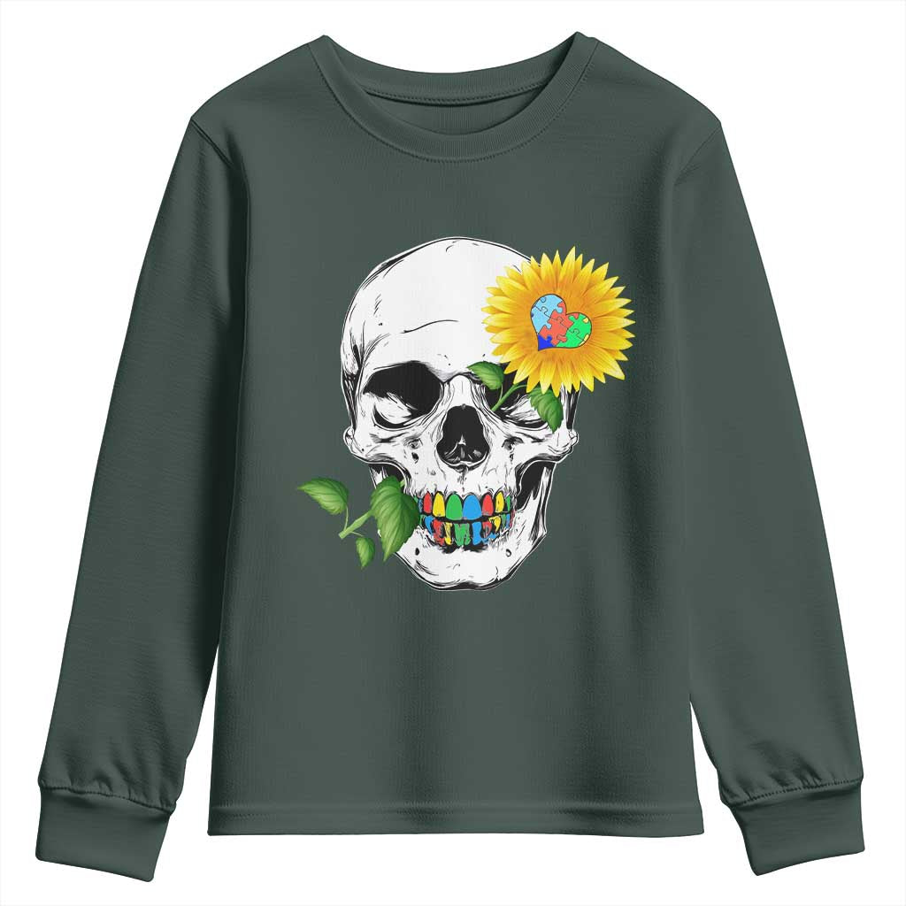 Autism Skull Sunflower Youth Sweatshirt Support Autistic Puzzle Pieces Heart