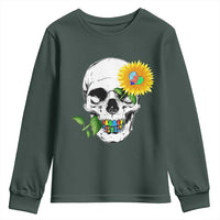 Autism Skull Sunflower Youth Sweatshirt Support Autistic Puzzle Pieces Heart