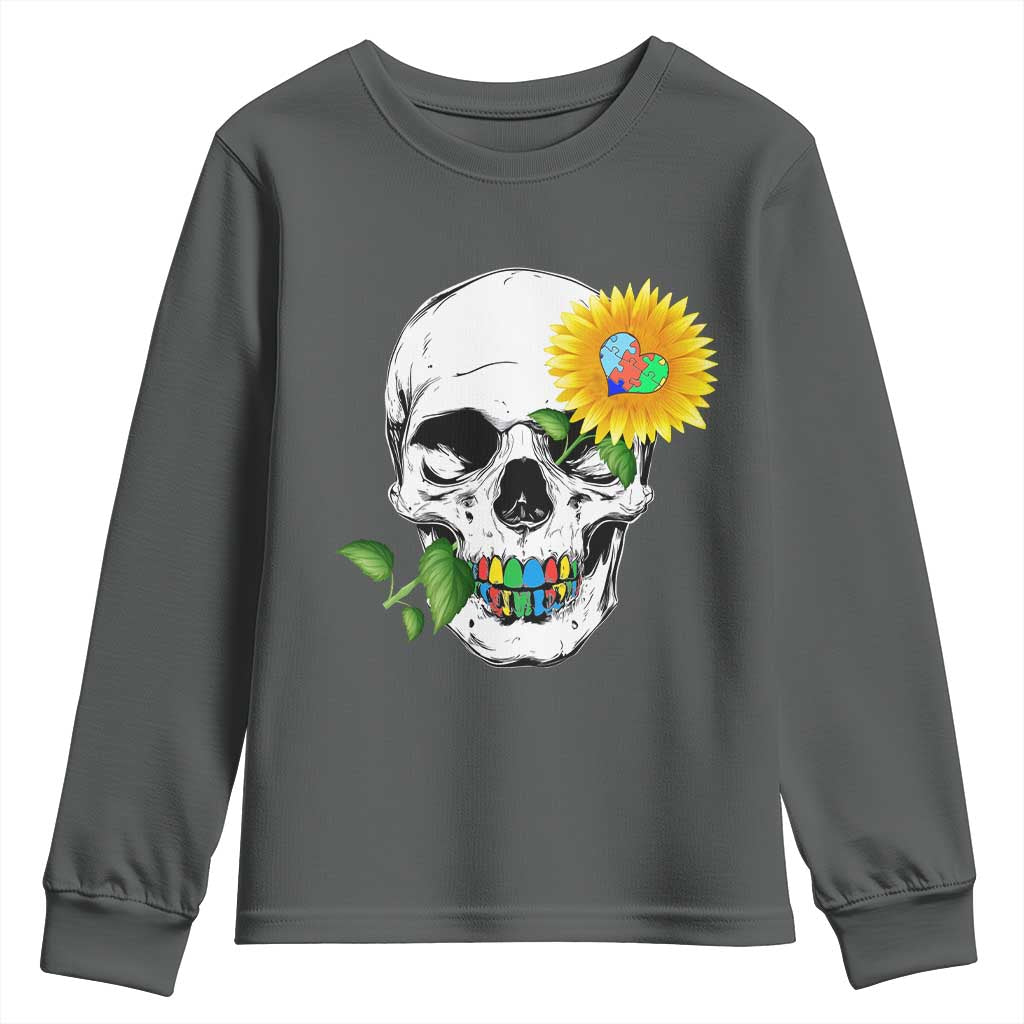Autism Skull Sunflower Youth Sweatshirt Support Autistic Puzzle Pieces Heart