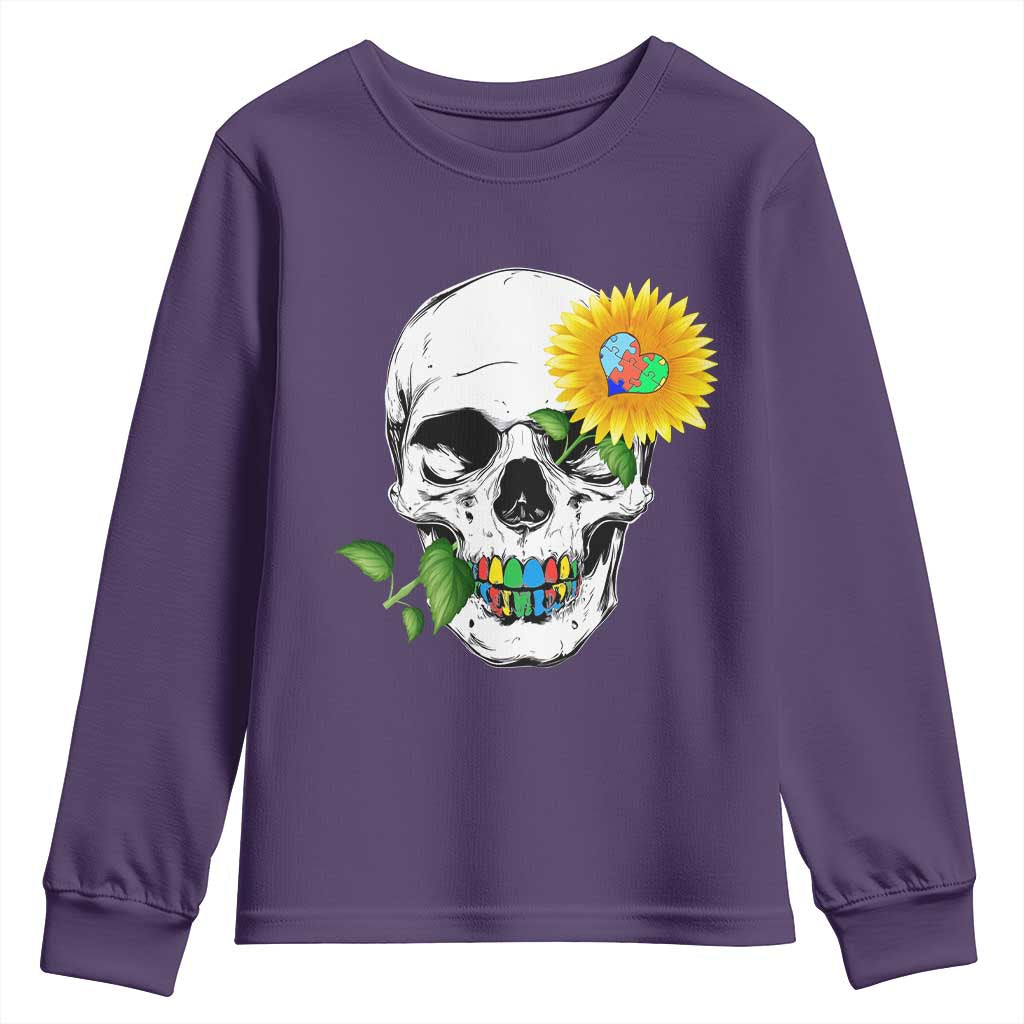 Autism Skull Sunflower Youth Sweatshirt Support Autistic Puzzle Pieces Heart