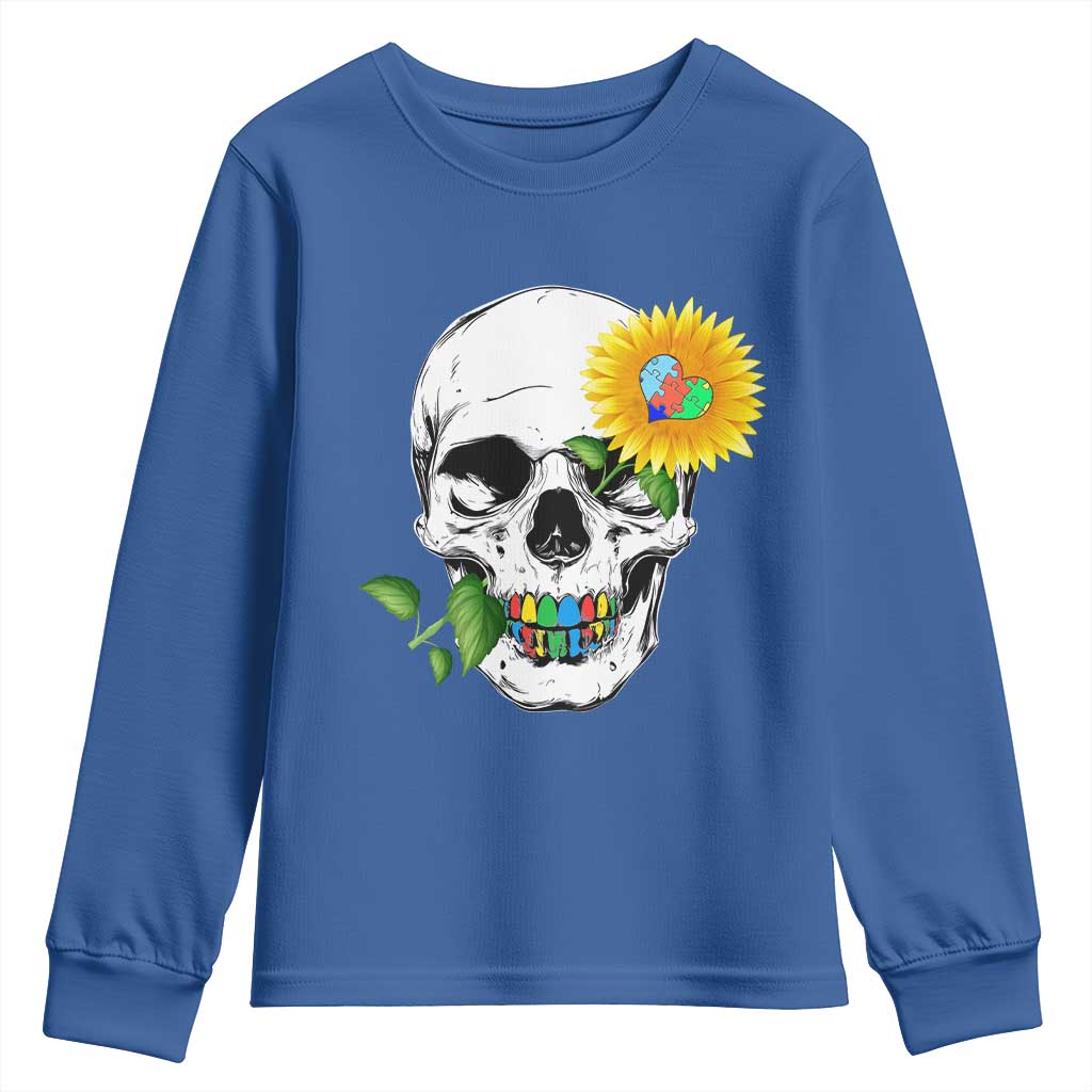 Autism Skull Sunflower Youth Sweatshirt Support Autistic Puzzle Pieces Heart