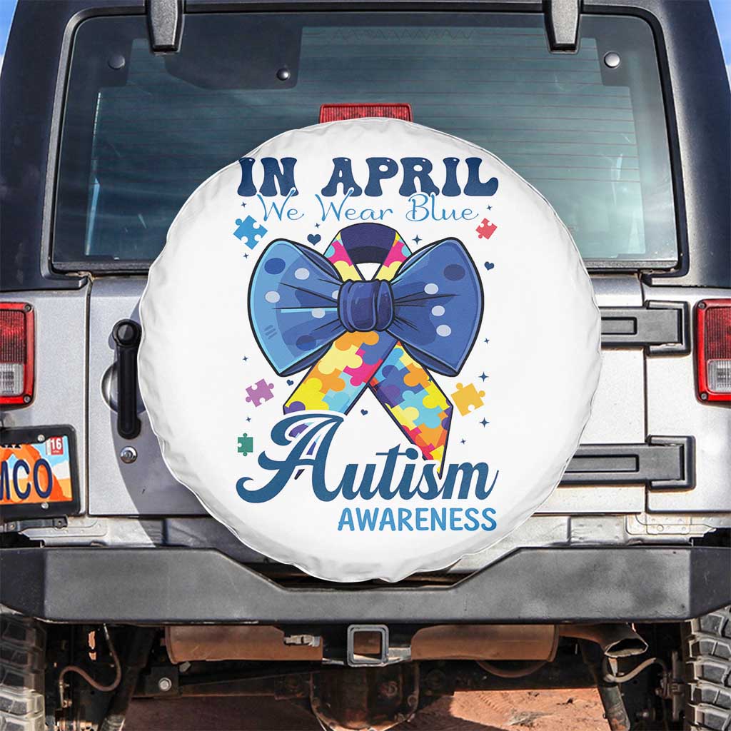 Autism Awareness Spare Tire Cover In April We Wear Blue Puzzle Ribbon Coquette Bow