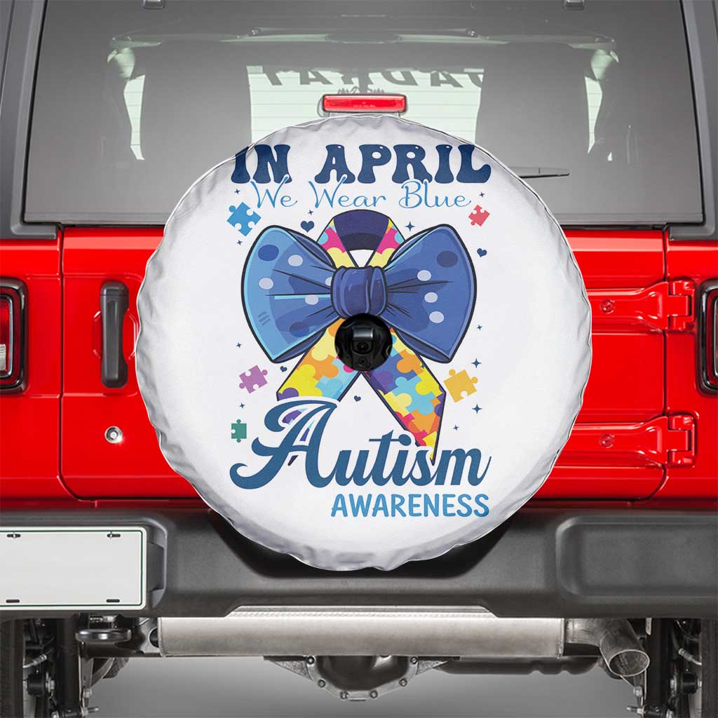 Autism Awareness Spare Tire Cover In April We Wear Blue Puzzle Ribbon Coquette Bow