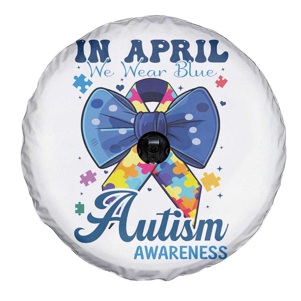 Autism Awareness Spare Tire Cover In April We Wear Blue Puzzle Ribbon Coquette Bow