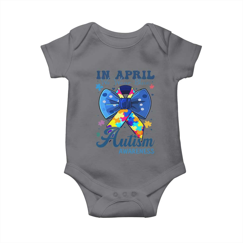 Autism Awareness Baby Onesie In April We Wear Blue Puzzle Ribbon Coquette Bow