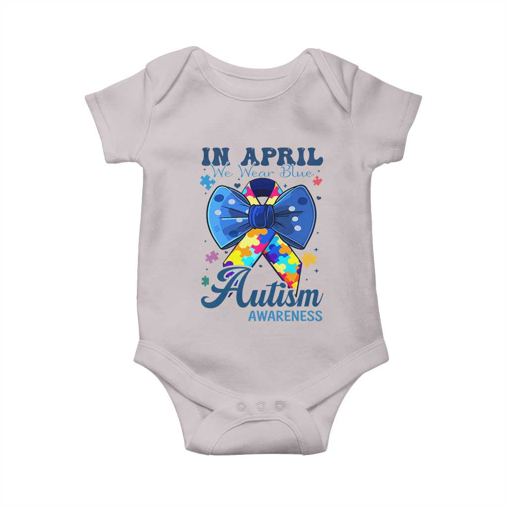 Autism Awareness Baby Onesie In April We Wear Blue Puzzle Ribbon Coquette Bow