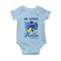 Autism Awareness Baby Onesie In April We Wear Blue Puzzle Ribbon Coquette Bow