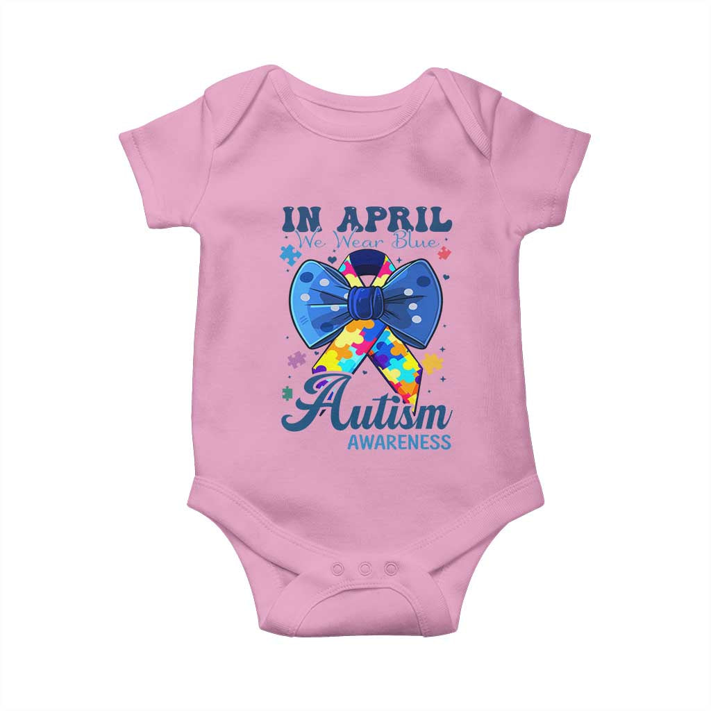 Autism Awareness Baby Onesie In April We Wear Blue Puzzle Ribbon Coquette Bow
