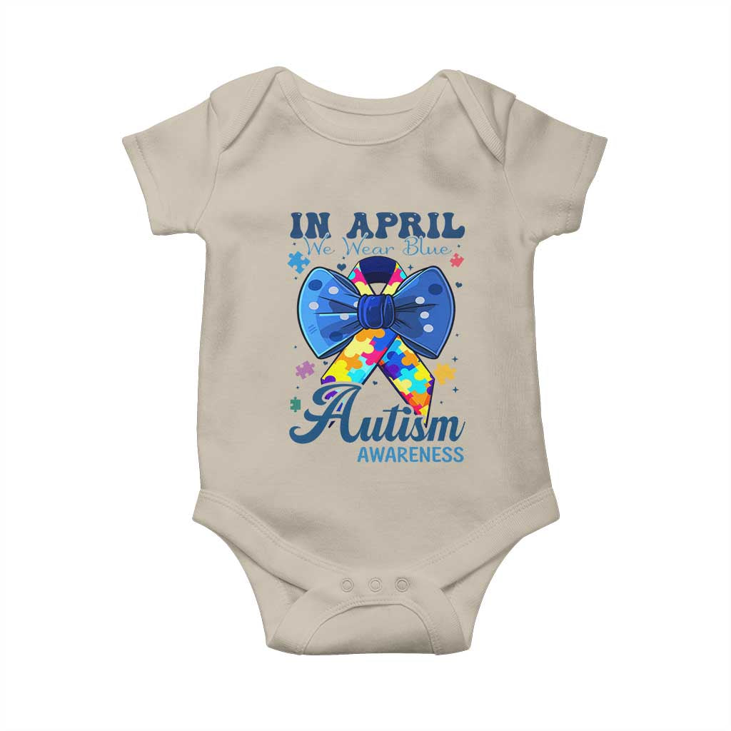 Autism Awareness Baby Onesie In April We Wear Blue Puzzle Ribbon Coquette Bow