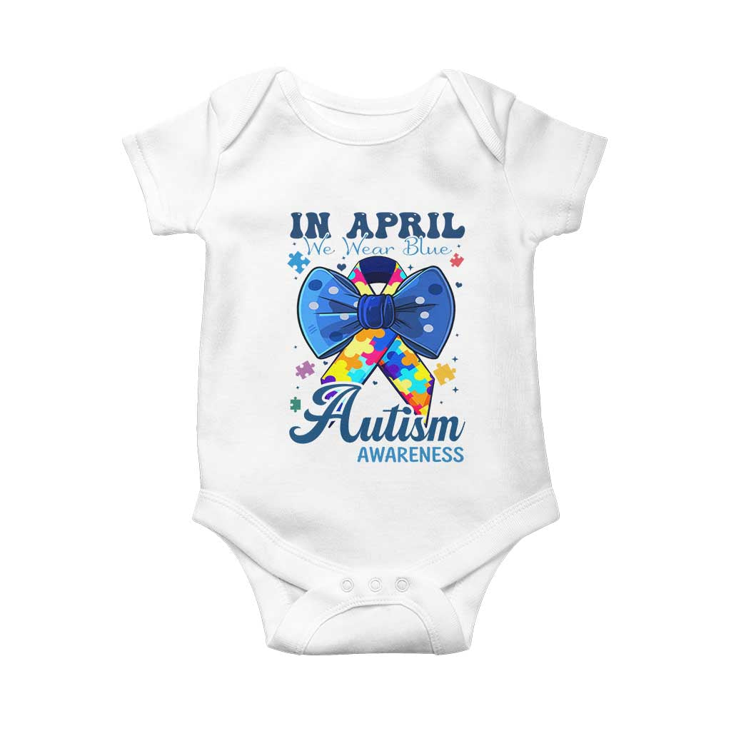Autism Awareness Baby Onesie In April We Wear Blue Puzzle Ribbon Coquette Bow