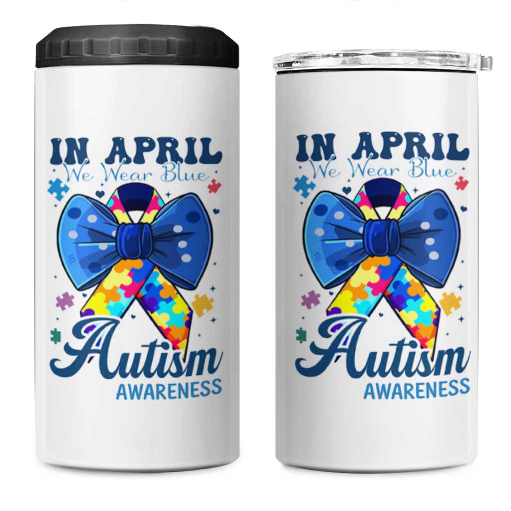 Autism Awareness 4 in 1 Can Cooler Tumbler In April We Wear Blue Puzzle Ribbon Coquette Bow