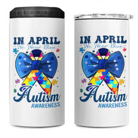 Autism Awareness 4 in 1 Can Cooler Tumbler In April We Wear Blue Puzzle Ribbon Coquette Bow