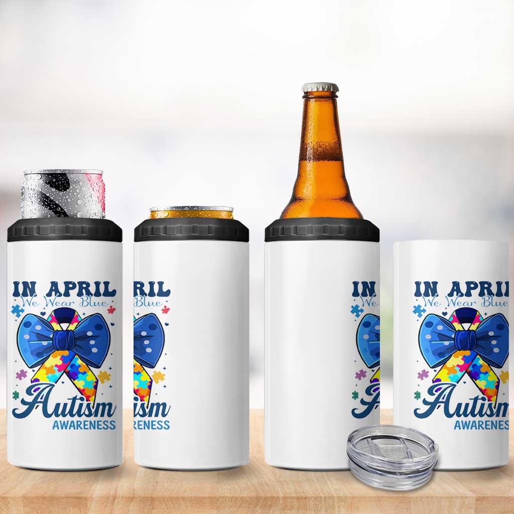 Autism Awareness 4 in 1 Can Cooler Tumbler In April We Wear Blue Puzzle Ribbon Coquette Bow