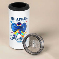 Autism Awareness 4 in 1 Can Cooler Tumbler In April We Wear Blue Puzzle Ribbon Coquette Bow
