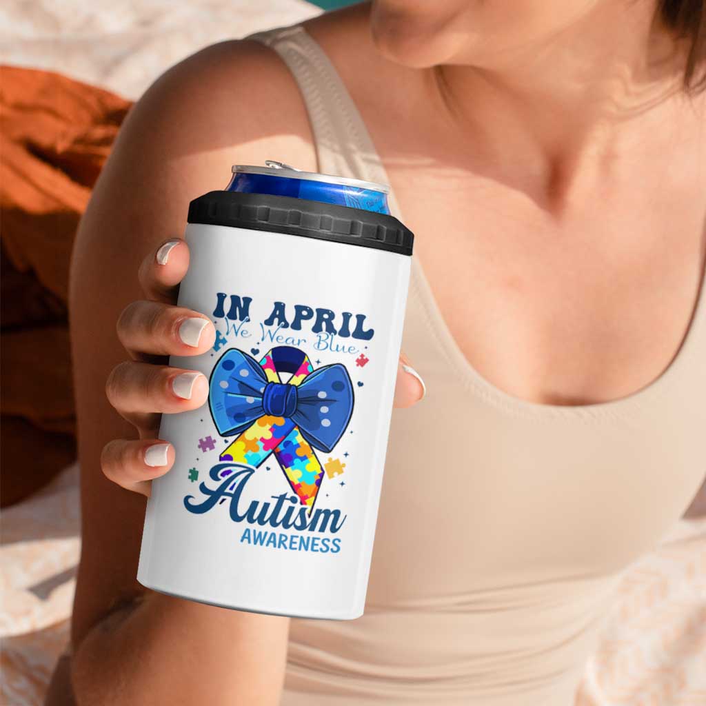 Autism Awareness 4 in 1 Can Cooler Tumbler In April We Wear Blue Puzzle Ribbon Coquette Bow
