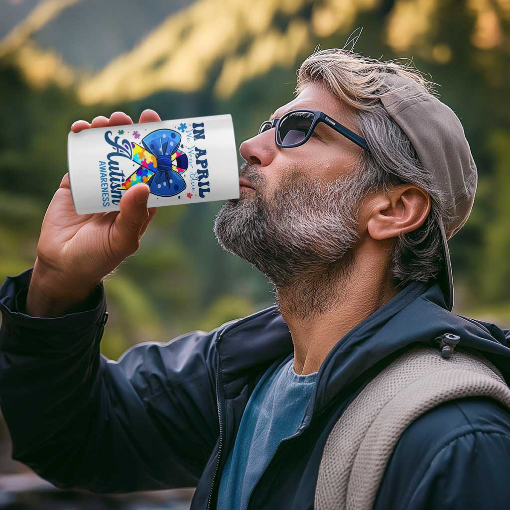 Autism Awareness 4 in 1 Can Cooler Tumbler In April We Wear Blue Puzzle Ribbon Coquette Bow