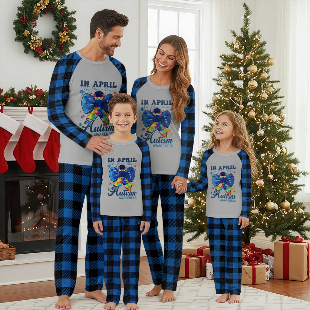 Autism Awareness Plaid Pajama Set In April We Wear Blue Puzzle Ribbon Coquette Bow - Wonder Print Shop