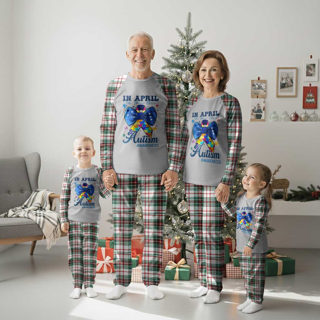 Autism Awareness Plaid Pajama Set In April We Wear Blue Puzzle Ribbon Coquette Bow - Wonder Print Shop