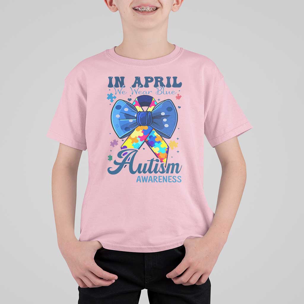 Autism Awareness T Shirt For Kid In April We Wear Blue Puzzle Ribbon Coquette Bow