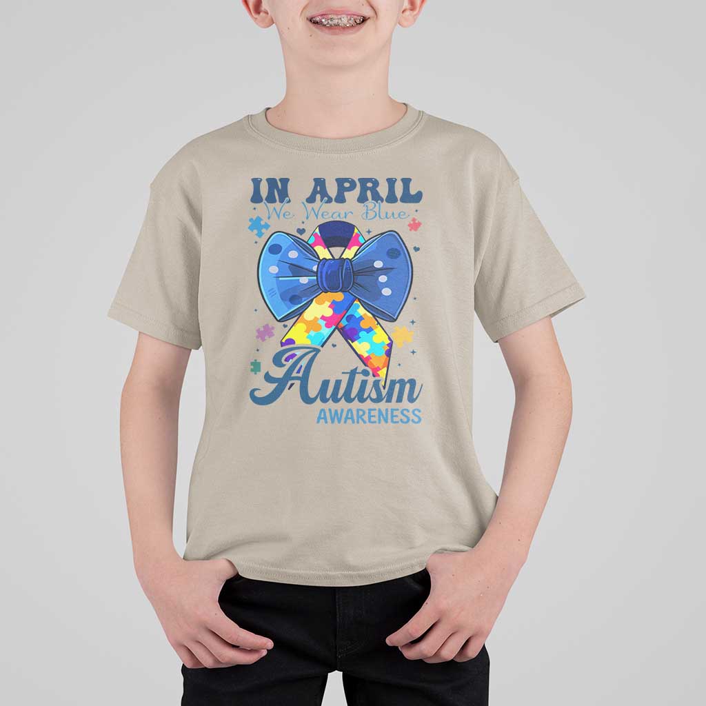Autism Awareness T Shirt For Kid In April We Wear Blue Puzzle Ribbon Coquette Bow