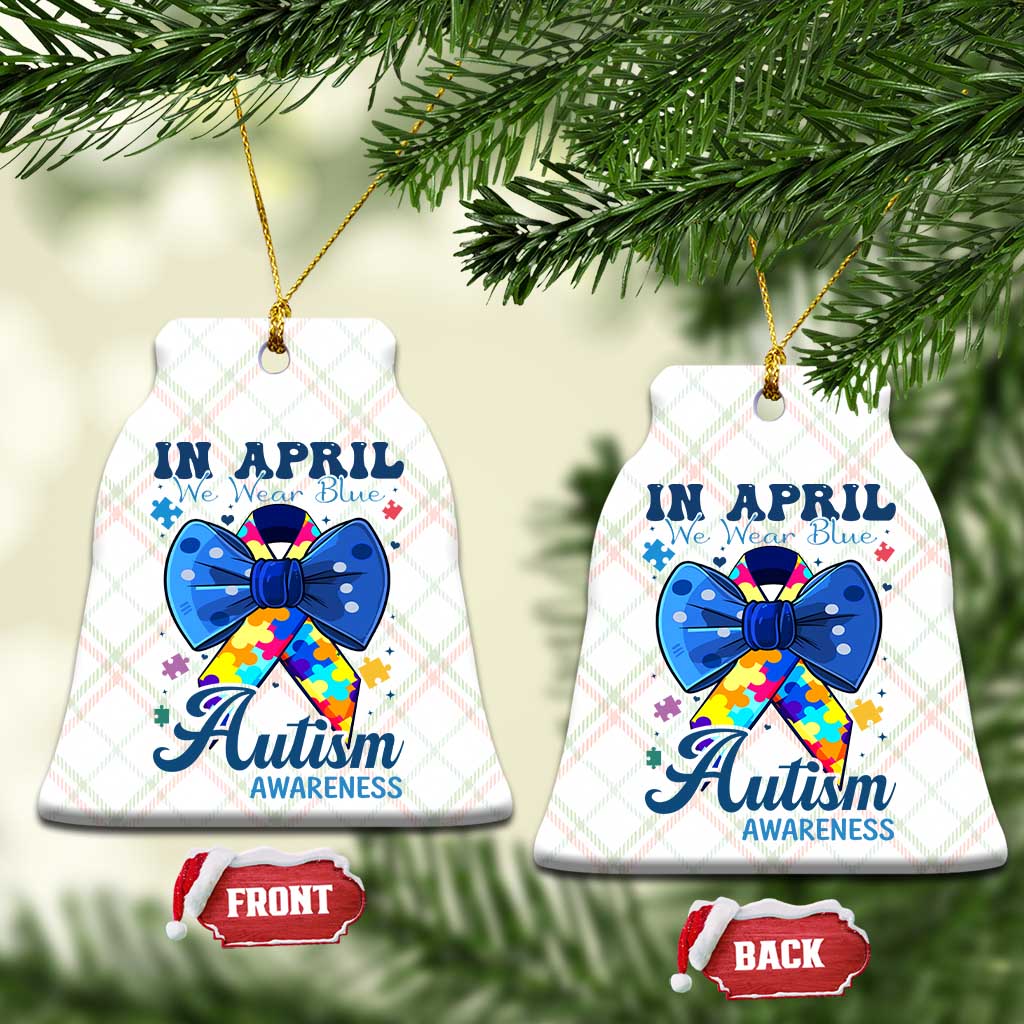Autism Awareness Ceramic Ornament In April We Wear Blue Puzzle Ribbon Coquette Bow - Wonder Print Shop